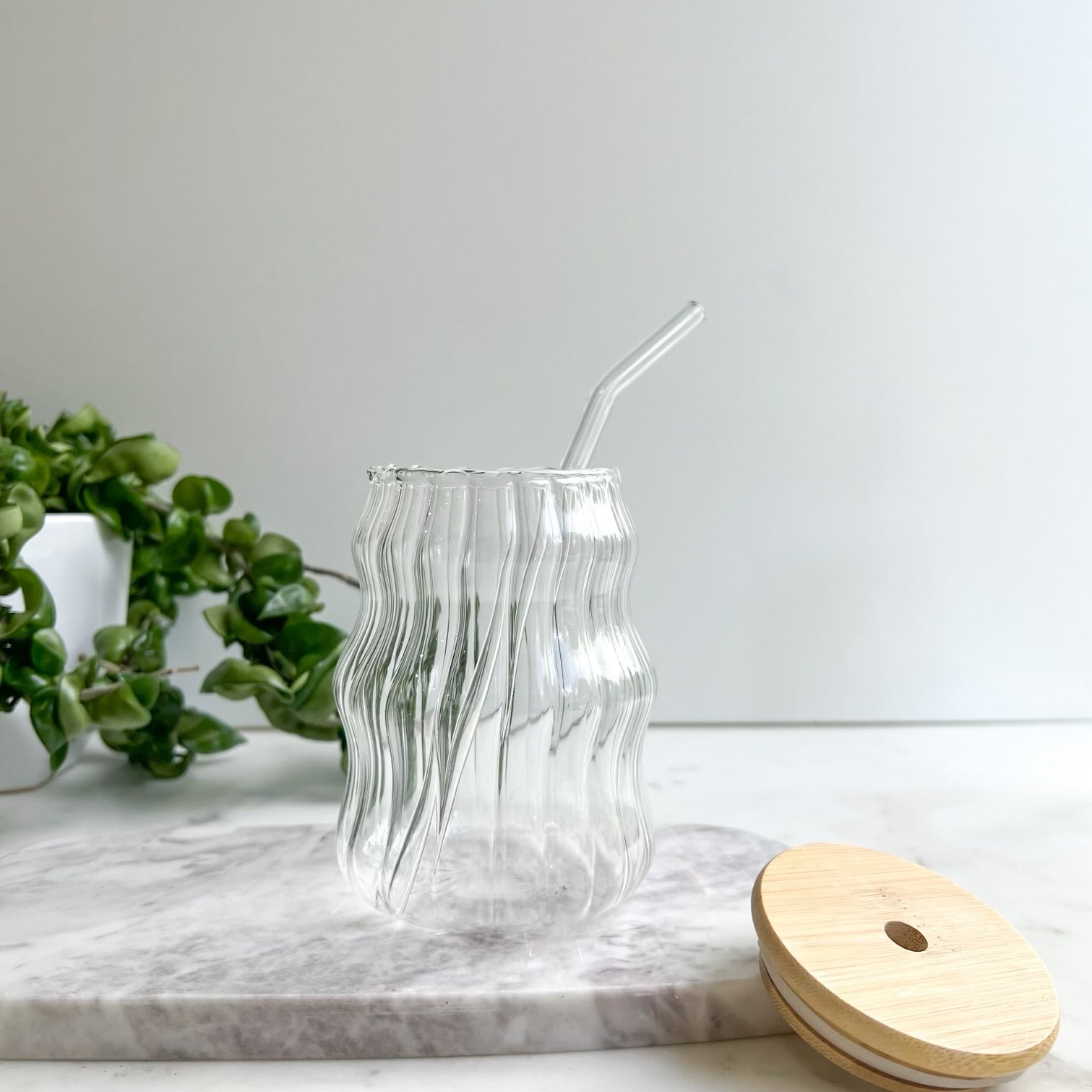 Glass cup, with lid and straw